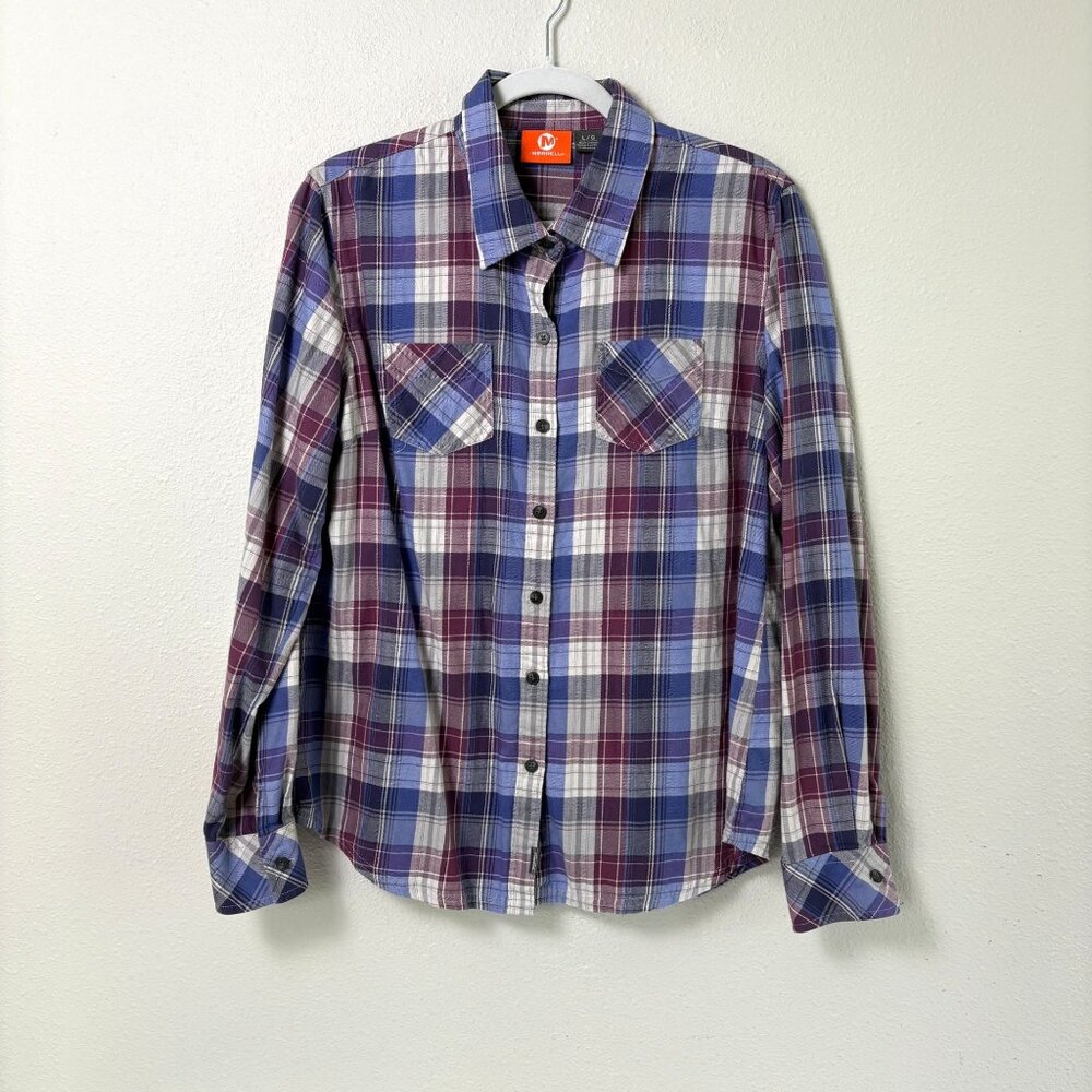 Merrell Long‎ Sleeve Button Up Shirt Womens Size L Purple Plaid Lumberjack